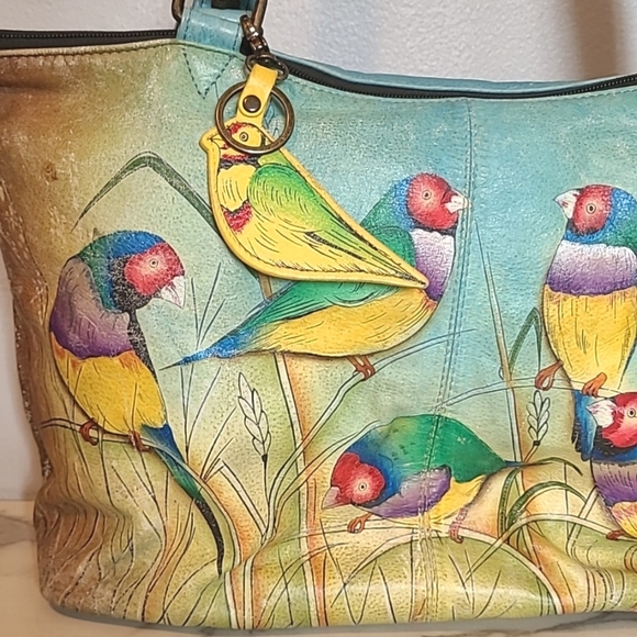 Anuschka Leather Vibrant Hand-Painted Parrot Design Tote Bag Artsy Boho Unique - Picture 2 of 16